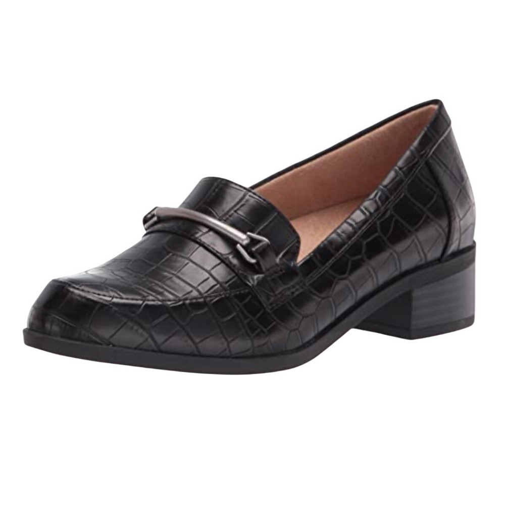 Naturalizer Black Croc Embossed Heeled Loafers Block Heels Women's Size 11M